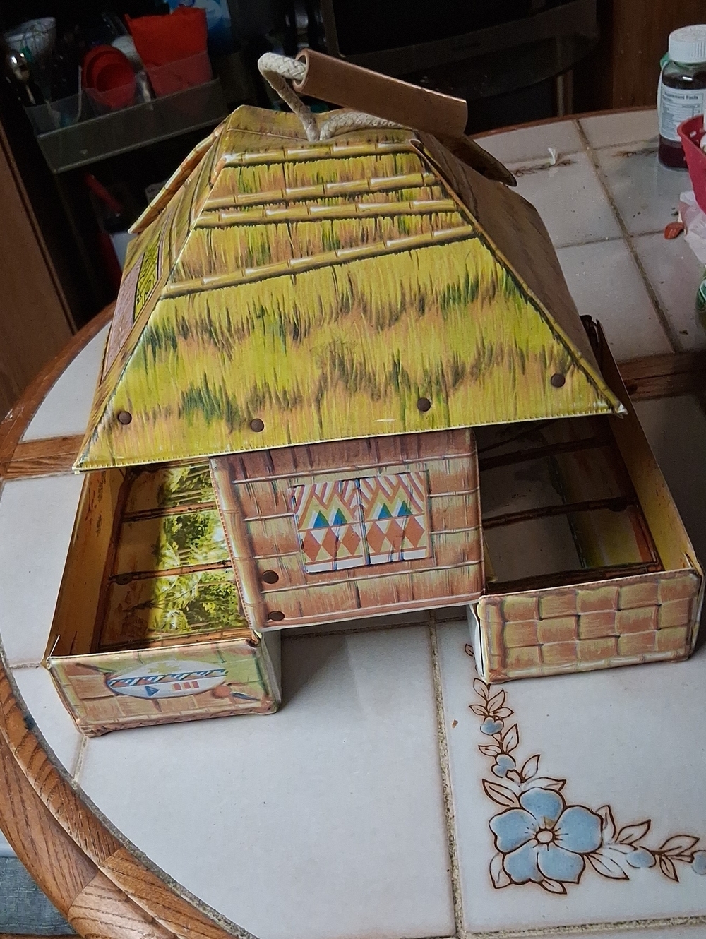 Troll Vintage Tiki Hut Novelty Tin Trinket Box - Yellow Green